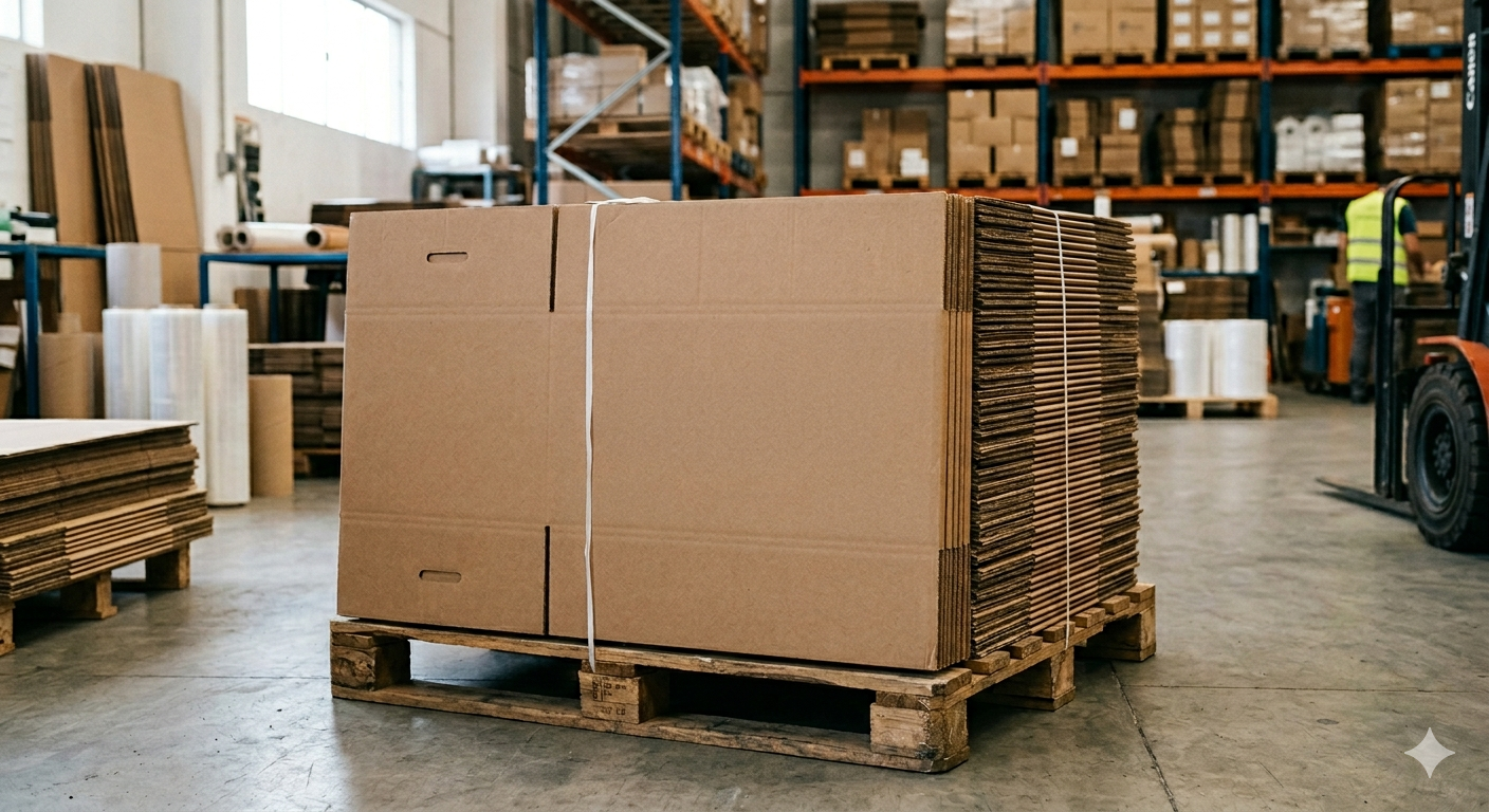 Caixas de papelão ondulado empilhadas em estoque industrial